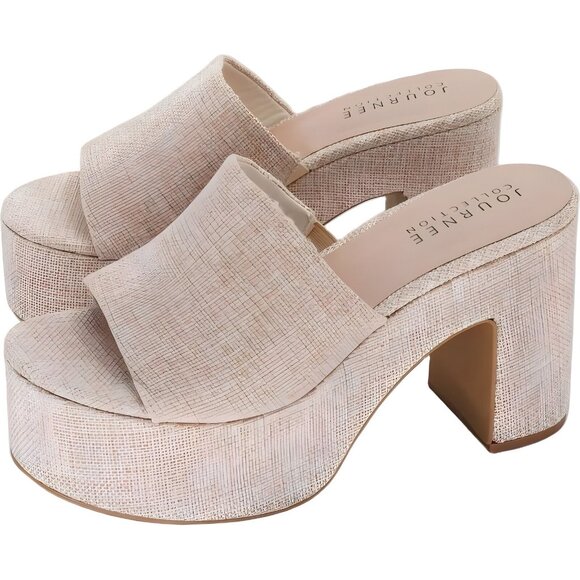 Journee Collection Beige Tan Block Heel Sandals Size 11M - Fast Shipping - Picture 2 of 6